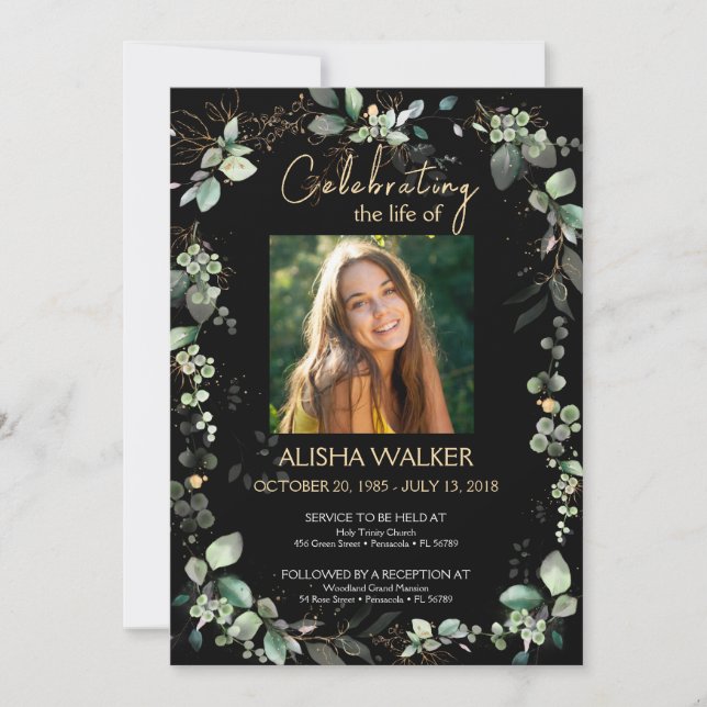 Invitation Service de Mémorial photo de feuillage noir et ver (Devant)