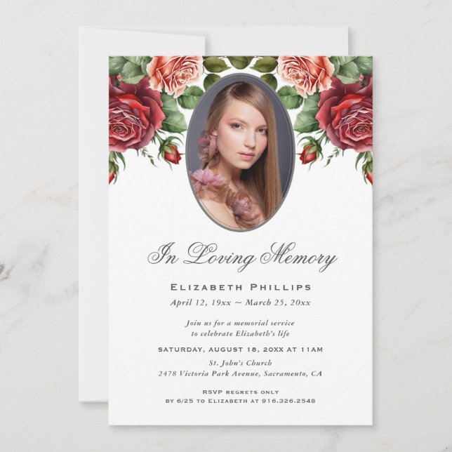 Invitation Service de Mémorial Photo Floral Roses Roses Rose  (Devant)