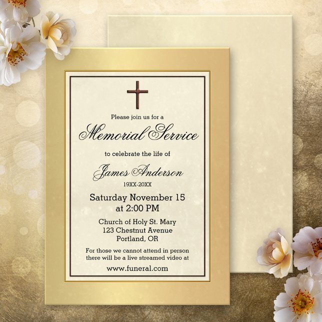 Invitation Service funèbre mémorial chrétien classique or (Memorial, funeral service or celebration of life invitation featuring a a classic Christian design)