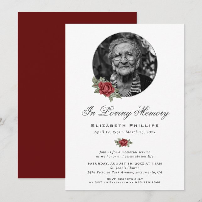 Invitation Service personnalisé de photo florale rouge (Devant / Derrière)
