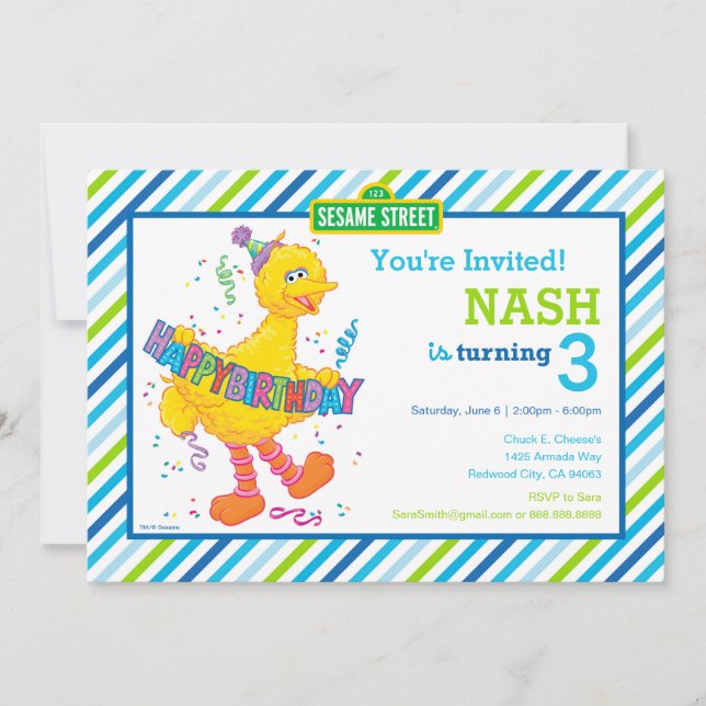 Invitation Sesame Street Big Bird Bleu rayé Anniversaire (Devant)