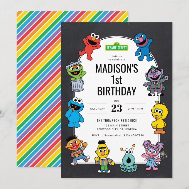 Invitation Sesame Street Characters Chalkboard Anniversaire (Devant / Derrière)