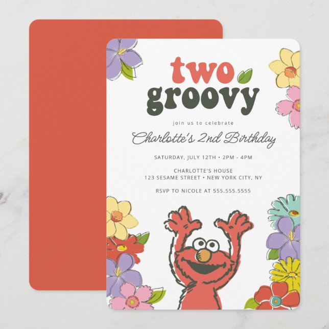 Invitation Sesame Street Elmo | Deux Anniversaire Floral Supe (Devant / Derrière)
