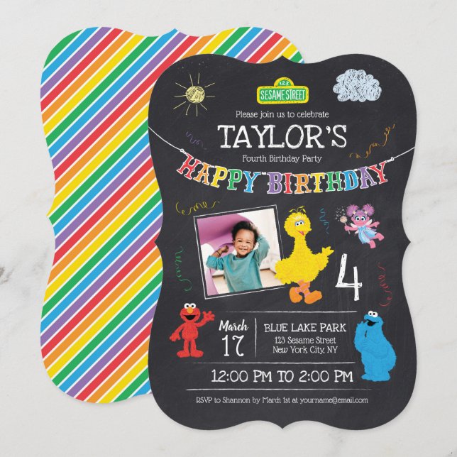 Invitation Sesame Street Pals Chalkboard Photo 4Anniversaire (Devant / Derrière)