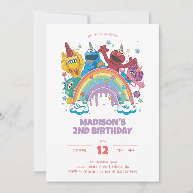 Invitation Sesame Street Rainbow Unicorn anniversaire (Devant)