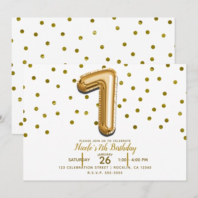 Invitation SEVEN 7 Gold Balloon Confetti 7e fête d'anniversai (Devant / Derrière)