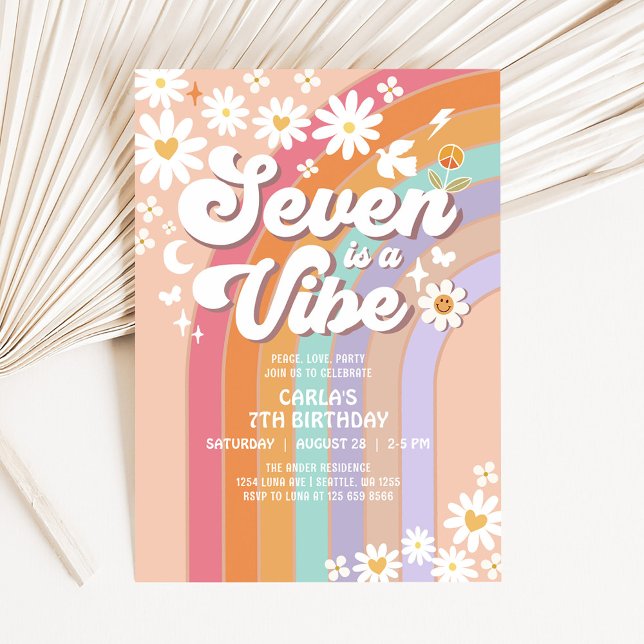Invitation SEVEN est Vibe Daisy Rainbow Hippie 7e anniversair (Créateur téléchargé)