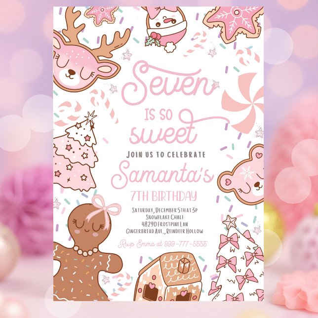 Invitation Seven Is So Sweet Girl Christmas Cookie Anniversai (Seven Is So Sweet girl Christmas cookie birthday party with festive holiday décor, colorful cookies,)
