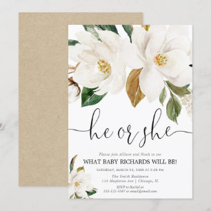 Invitation Sexe floral rustique révéler, magnolia blanche