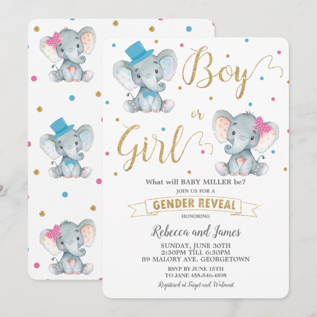 Invitation Sexe Révéler Elephant Baby Boy ou Baby Girl Gold (Devant / Derrière)