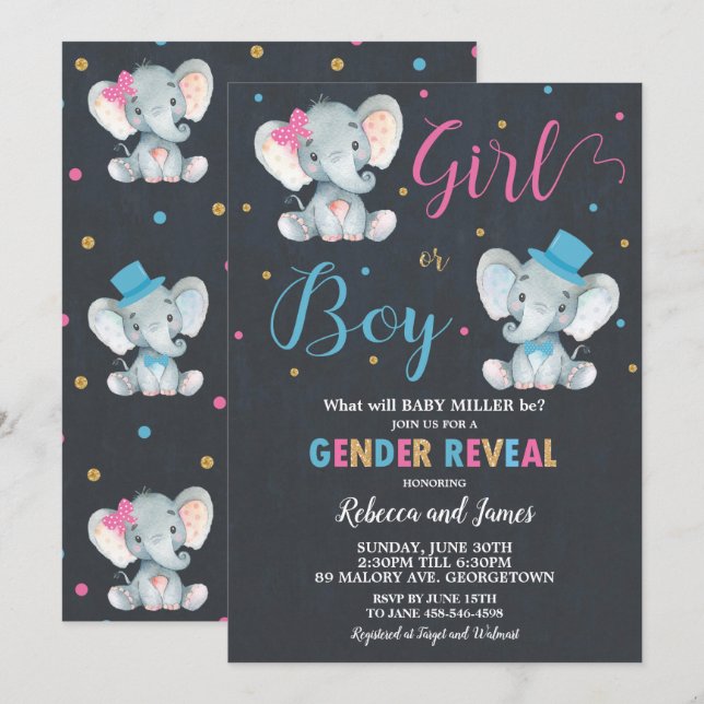 Invitation Sexe Révéler éléphant bébé garçon ou bébé fille (Devant / Derrière)