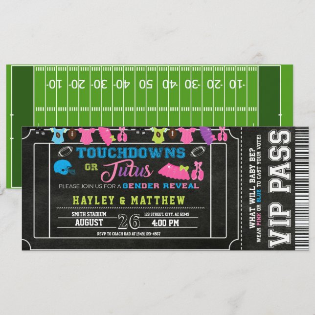 Invitation Sexe Révéler Football Billet Touchdown ou Tutus (Devant / Derrière)