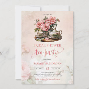 Invitation Shabby Chic aquarelle bleu rose roses fête de thé