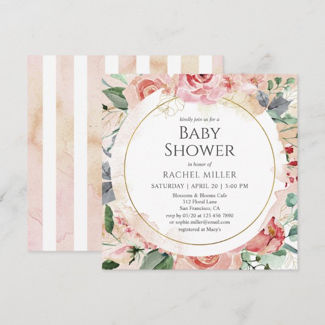 Invitation Shabby Chic Baby shower Aquarelle Florale (Devant / Derrière)