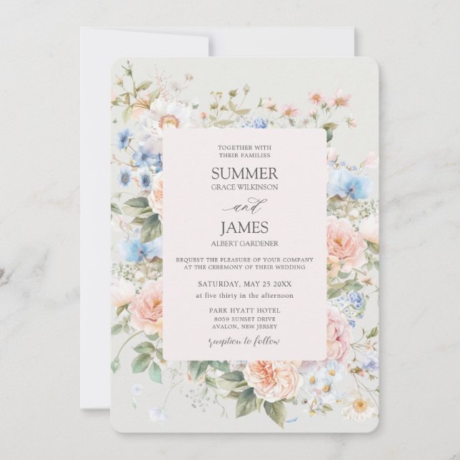 Invitation Shabby Chic Blush Bleu Blanc Floral Mariage (Devant)