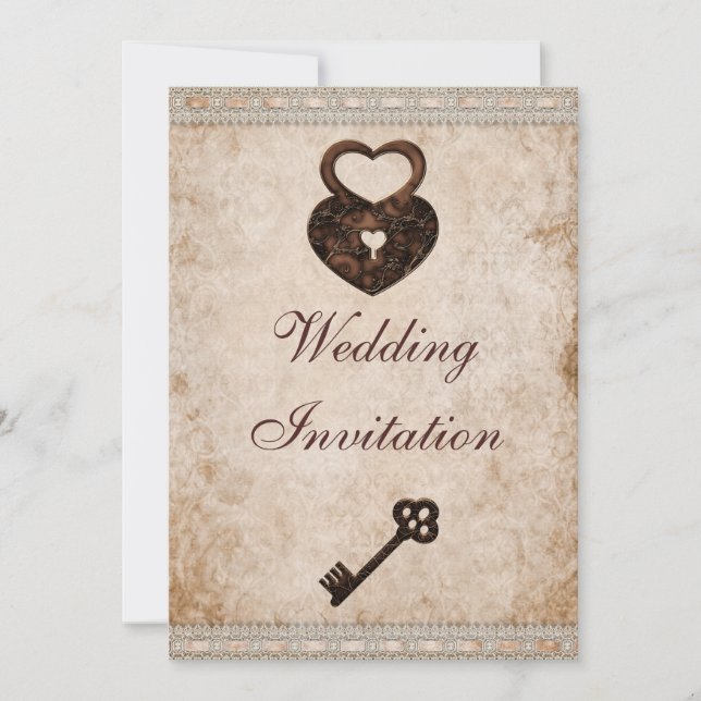 Invitation Shabby Chic Damask Hearts Lock et Mariage clé (Devant)