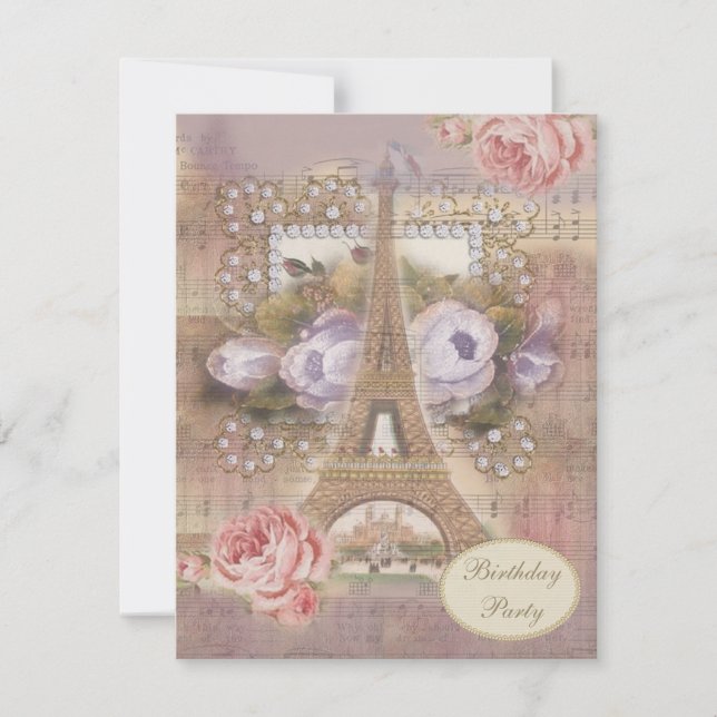 Invitation Shabby Chic Eiffel Tour Florale Anniversaire (Devant)