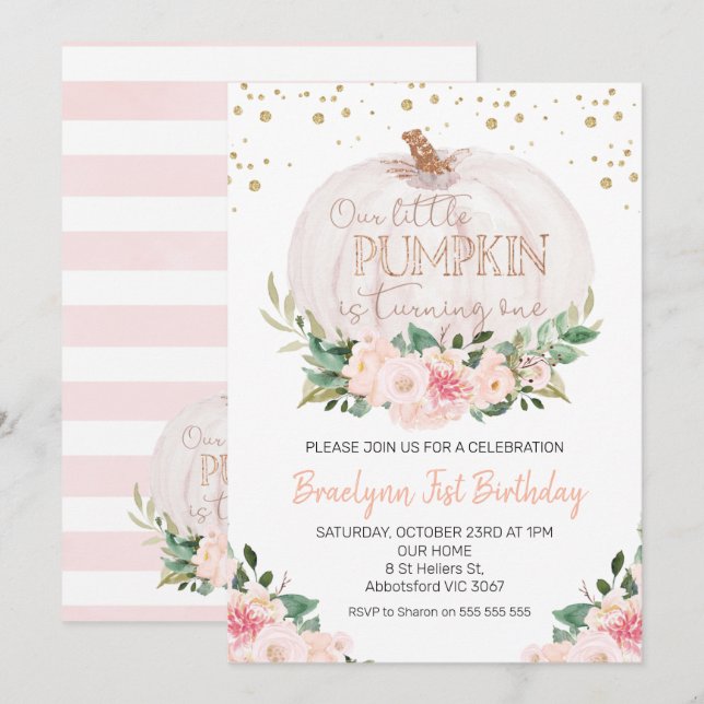 Invitation Shabby Chic Fall Citrouille 1er anniversaire Invit (Devant / Derrière)