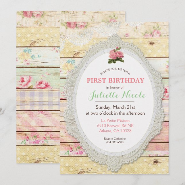 Invitation Shabby Chic Floral Bois Premier anniversaire Invit (Devant / Derrière)