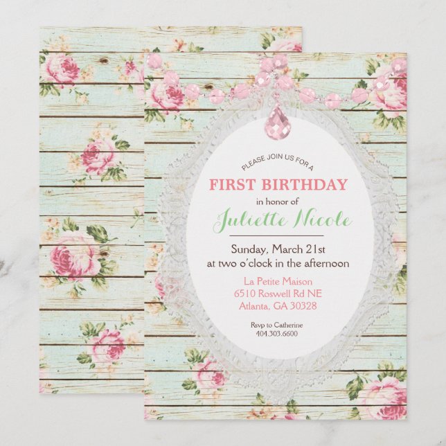 Invitation Shabby Chic Floral Bois Premier anniversaire Invit (Devant / Derrière)