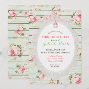 Invitation Shabby Chic Floral Bois Premier anniversaire Invit