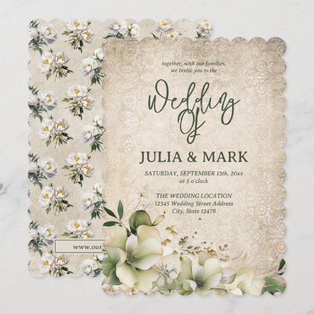 Invitation Shabby Chic Green And Beige Floral Wedding  (Devant / Derrière)
