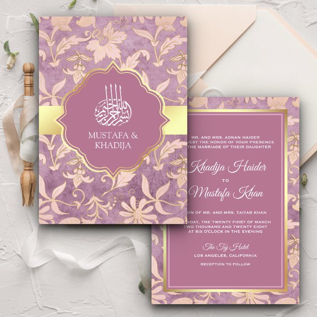 Invitation Shabby Chic Lavender Gold Floral Mariage musulman (Créateur téléchargé)