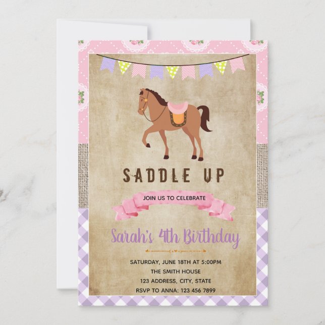 Invitation shabby chic rose pour fête avec cheval (Devant)