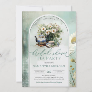 Invitation Shabby chic vintage vert et blanc Thé nuptial