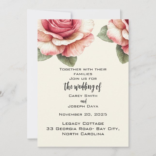 Invitation Shabby Pink Rose Wedding  (Devant)