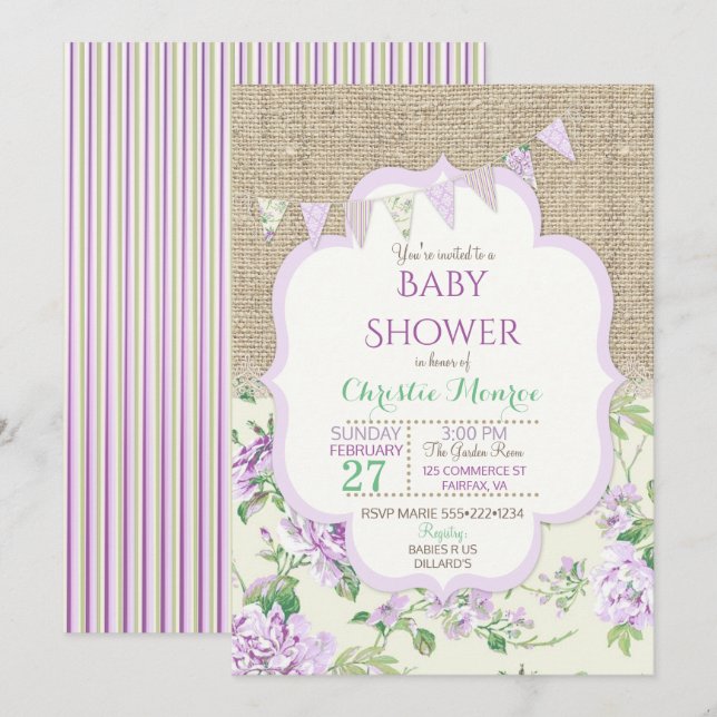 Invitation Shabby Rustique Pays Chic Lavande Dentelle Burlap (Devant / Derrière)