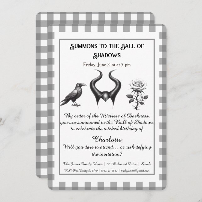 Invitation Shadow Ball Dark Fantasy Birthday Design Script (Devant / Derrière)