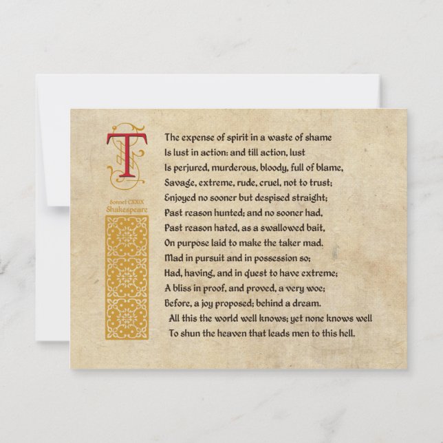 Invitation Shakespeare Sonnet 129 (CXXIX) sur parchemin (Dos)