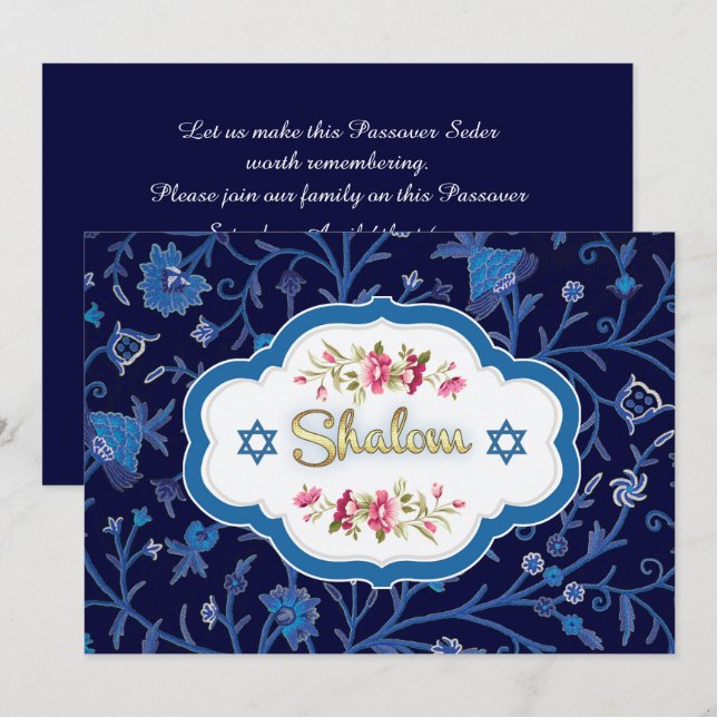 Invitation Shalom à Pesach. Motif floral Seder Pessin (Devant / Derrière)