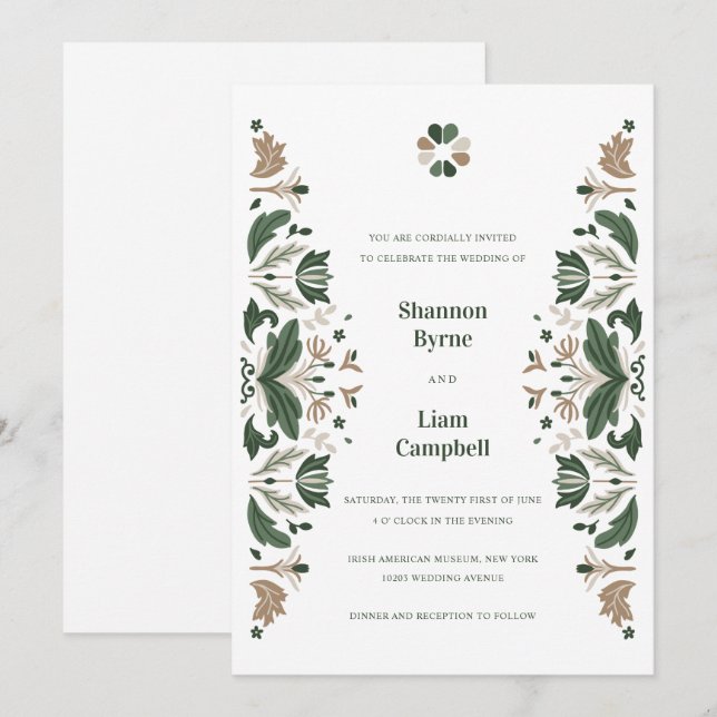Invitation Shamrock d'art populaire irlandais Mariage celtiqu (Devant / Derrière)