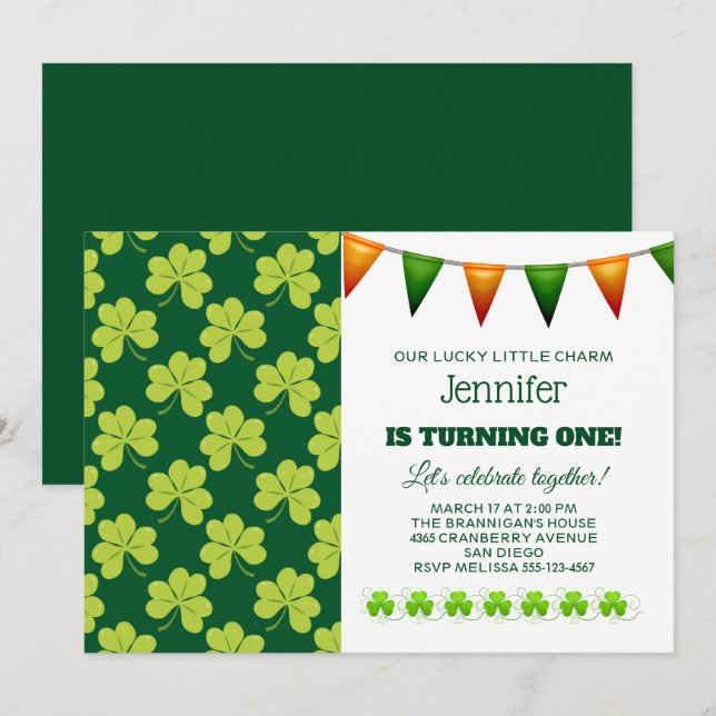 Invitation Shamrock de Clover Vert mignon Anniversaire Motif (Devant / Derrière)