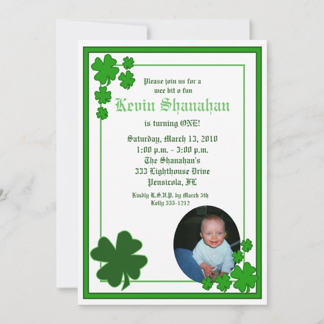 Invitation Shamrock de la Saint Patrick *PHOTO* Anniversaire  (Devant)