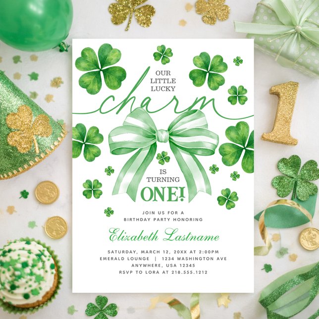 Invitation Shamrock Green Bow Lucky Charm 1st Birthday (Shamrock Green Bow Lucky Charm 1st Birthday Invitation)