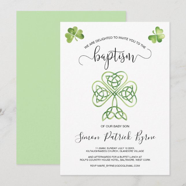 Invitation Shamrock irlandais vert & Baptême de noeud celtiqu (Devant / Derrière)