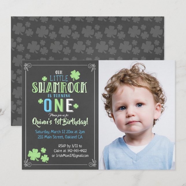 Invitation Shamrock St. Patrick's Day 1er Garçon Anniversaire (Devant / Derrière)