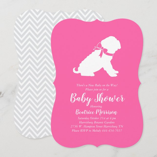 Invitation Shar-Pei Chien Baby shower fille rose (Devant / Derrière)