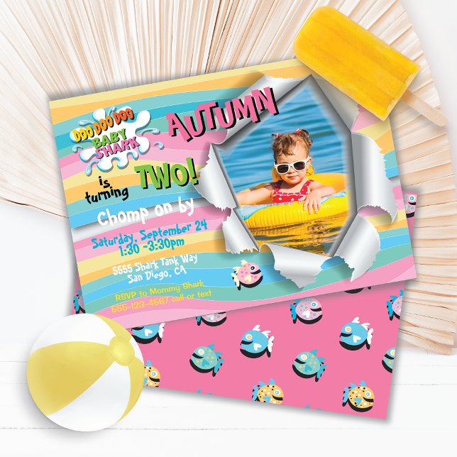 Invitation Shark Baby Girl Rainbow Photo Anniversaire (Créateur téléchargé)