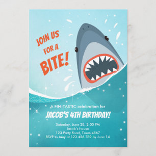 Invitation Shark Birthday Pool party garçon Shark Bite Bait B