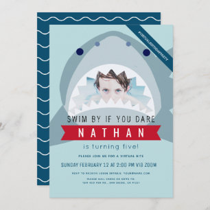 Invitation Shark Blue Pool Boy Photo Anniversaire