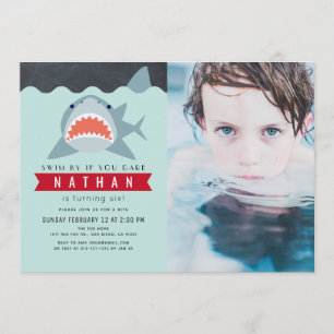 Invitation Shark Boy Navy Blue Pool Photo Anniversaire
