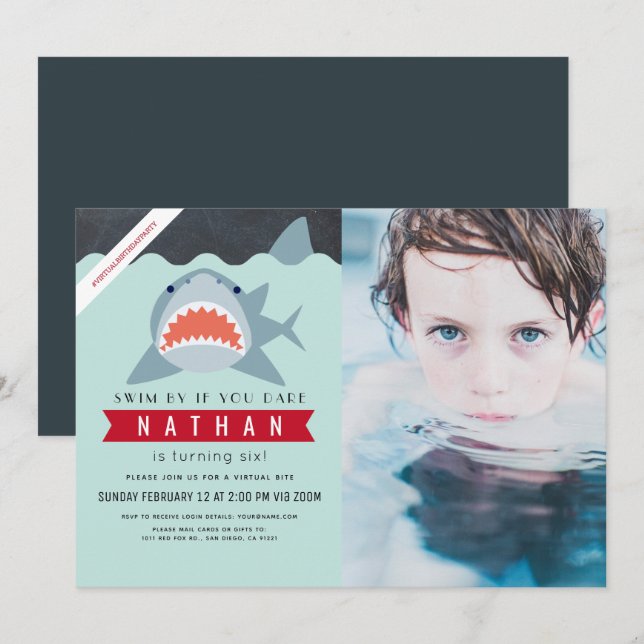 Invitation Shark Boy Navy Blue Virtual Pool Photo Anniversair (Devant / Derrière)