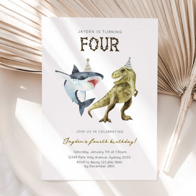 Invitation Shark & Dino 4th B'day Invite, T-rex Shark Party (Créateur téléchargé)