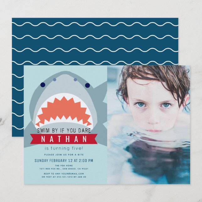 Invitation Shark Light Blue Pool Photo Boy Anniversaire (Devant / Derrière)