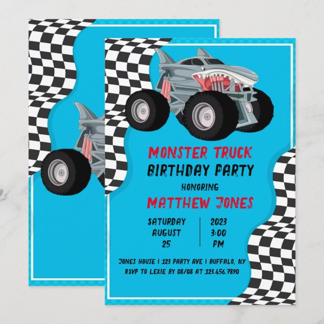 Invitation Shark Monster Truck Racing Drapeau fête d'annivers (Devant / Derrière)