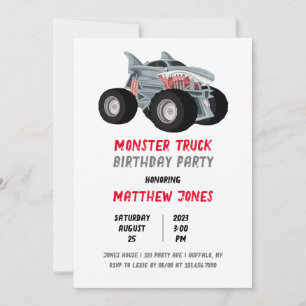 Invitation Shark Monster Truck Racing Drapeau fête d'annivers
